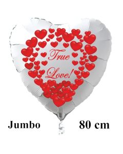 Großer Herzluftballon in Weiß "True Love!" zum Valentinstag mit roten Herzen