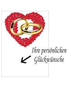 Grußkarte mit Herz aus Rosenblättern und Eheringen zur Hochzeit