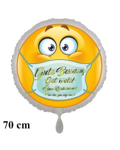 Gute Besserung in 4 Sprachen Smiley mit Mundschutz, runder Luftballon, 70 cm, ohne Helium