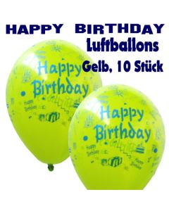 Happy Birthday Motiv Luftballons, Latexballons zum Geburtstag, 10 Stück, Gelb