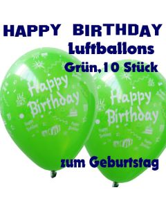 Happy Birthday Motiv Luftballons, Latexballons zum Geburtstag, 10 Stück, Grün