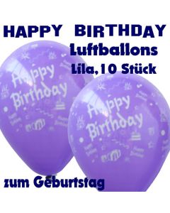 Happy Birthday Motiv Luftballons, Latexballons zum Geburtstag, 10 Stück, Lila