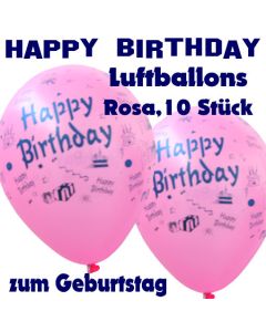 Happy Birthday Motiv Luftballons, Latexballons zum Geburtstag, 10 Stück, Rosa