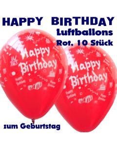 Happy Birthday Motiv Luftballons, Latexballons zum Geburtstag, 10 Stück, Rot