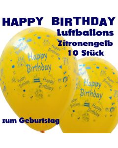 Happy Birthday Motiv Luftballons, Latexballons zum Geburtstag, 10 Stück, Zitronengelb
