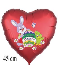 Satinroter Helium Luftballon zu Ostern, Osterhase mit Osterei, Osterküken und Schmetterling