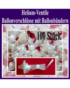 Helium-Ventile, Ballonverschlüsse mit Ballonbändern für Luftballons von 25 cm bis 35 cm, 100 Stück