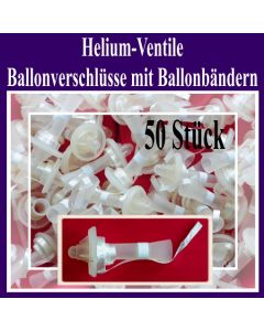 Helium-Ventile, Ballonverschlüsse mit Ballonbändern für Luftballons von 25 cm bis 35 cm, 50 Stück
