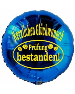 Herzlichen Glückwunsch! Prüfung bestanden! Blauer Luftballon aus Folie mit Helium Ballongas