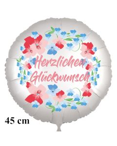 Herzlichen Glückwunsch. Rundluftballon aus Folie, satin-weiß-flowers, 45 cm