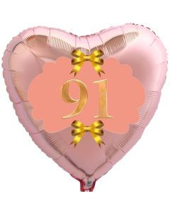 Herzluftballon aus Folie, Rosegold, zum 91. Geburtstag, Rosa-Gold