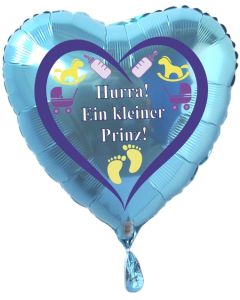 Herzluftballon Türkis aus Folie mit Helium zu Geburt und Taufe, Baby Party: Hurra! Ein kleiner Prinz!
