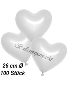 Metallic Herzluftballons, 26 cm, Weiß, 100 Stück