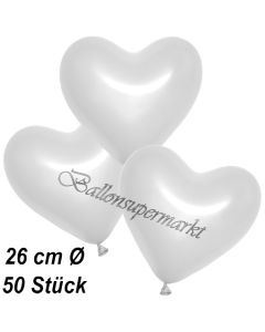 Metallic Herzluftballons, 26 cm, Weiß, 50 Stück