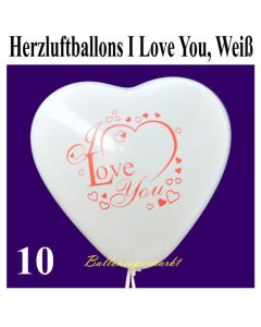 Herzluftballons I Love You, Weiß, 30 cm, 10 Stück