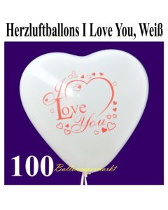 Herzluftballons I Love You, Weiß, 30 cm, 100 Stück
