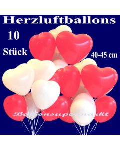Herzluftballons groß, 40-45 cm, Rot und Weiß, Luftballons aus Latex in Herzform, 10 große rote und weiße Herzballons
