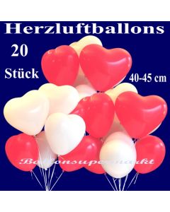 Herzluftballons groß, 40-45 cm, Rot und Weiß, Luftballons aus Latex in Herzform, 20 große rote und weiße Herzballons