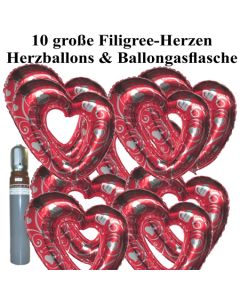 Ballons Helium Set Hochzeit, 10 große filigrane Herzballons aus Folie, rot-silber, mit Ballongasflasche