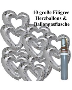 Ballons Helium Set Hochzeit, 10 große filigrane Herzballons aus Folie, weiß-silber, mit Ballongasflasche