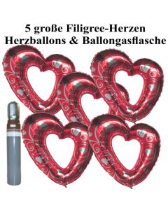 Ballons Helium Set Hochzeit, 5 große filigrane Herzballons aus Folie, rot-silber, mit Ballongasflasche