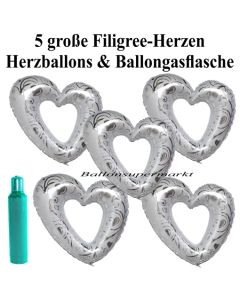 Ballons Helium Set Hochzeit, 5 große filigrane Herzballons aus Folie, weiß-silber, mit Ballongasflasche
