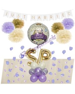 Personalisiertes Just Married Deko-Set zur Hochzeit in Gold, Flieder und Creme