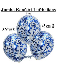 Jumbo Konfetti-Luftballons 45 cm, Transparent mit blauem Konfetti gefüllt, 3 Stück