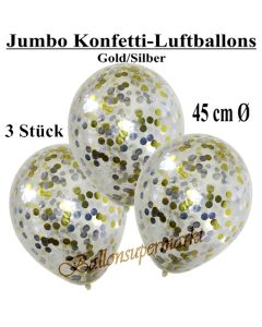 Jumbo Konfetti-Luftballons 45 cm, Transparent mit goldenem und silbernem Konfetti gefüllt, 3 Stück