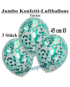 Jumbo Konfetti-Luftballons 45 cm, Transparent mit türkisem Konfetti gefüllt, 3 Stück