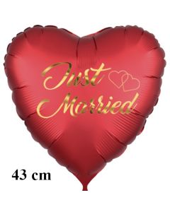 Just Married. Golden letters and hearts. Herzluftballon aus Folie zur Hochzeit, 43 cm, satinrot
