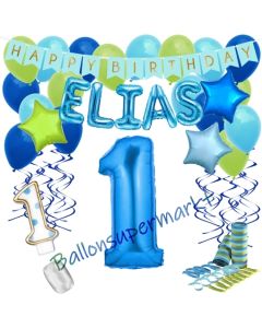 Personalisiertes Dekorations-Set mit Ballons zum 1. Geburtstag, Happy Birthday Blau, 38 Teile