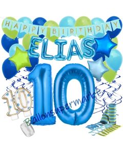 Personalisiertes Dekorations-Set mit Ballons zum 10. Geburtstag, Happy Birthday Blau, 38 Teile