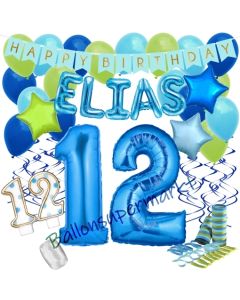 Personalisiertes Dekorations-Set mit Ballons zum 12. Geburtstag, Happy Birthday Blau, 38 Teile