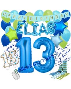 Personalisiertes Dekorations-Set mit Ballons zum 13. Geburtstag, Happy Birthday Blau, 38 Teile