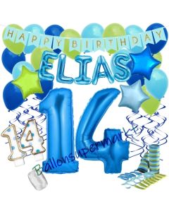 Personalisiertes Dekorations-Set mit Ballons zum 14. Geburtstag, Happy Birthday Blau, 38 Teile