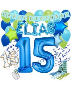 Personalisiertes Dekorations-Set mit Ballons zum 15. Geburtstag, Happy Birthday Blau, 38 Teile
