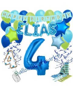 Personalisiertes Dekorations-Set mit Ballons zum 4. Geburtstag, Happy Birthday Blau, 38 Teile