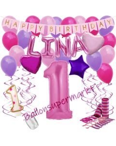 Personalisiertes Dekorations-Set mit Ballons zum 1. Geburtstag, Happy Birthday Pink, 38 Teile