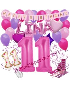 Personalisiertes Dekorations-Set mit Ballons zum 11. Geburtstag, Happy Birthday Pink, 38 Teile