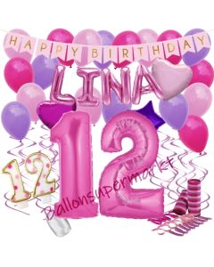 Personalisiertes Dekorations-Set mit Ballons zum 12. Geburtstag, Happy Birthday Pink, 38 Teile