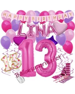 Personalisiertes Dekorations-Set mit Ballons zum 13. Geburtstag, Happy Birthday Pink, 38 Teile
