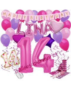 Personalisiertes Dekorations-Set mit Ballons zum 14. Geburtstag, Happy Birthday Pink, 38 Teile