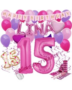 Personalisiertes Dekorations-Set mit Ballons zum 15. Geburtstag, Happy Birthday Pink, 38 Teile