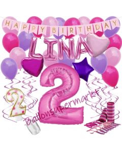 Personalisiertes Dekorations-Set mit Ballons zum 2. Geburtstag, Happy Birthday Pink, 38 Teile