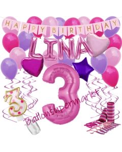 Personalisiertes Dekorations-Set mit Ballons zum 3. Geburtstag, Happy Birthday Pink, 38 Teile