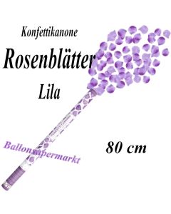 Konfettikanone mit lilafarbene Rosenblättern, Rosenrengen