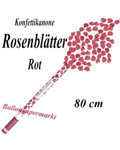 Konfettikanone mit roten Rosenblättern, roter Rosenrengen