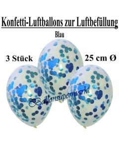 Konfetti-Luftballons 25 cm, Kristall, Transparent mit blauem Konfetti gefüllt, 3 Stück