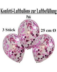 Konfetti-Luftballons 25 cm, Kristall, Transparent mit pinkfarbenem Konfetti gefüllt, 3 Stück